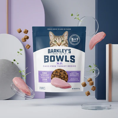 Barkley's Bag bowls product packaging styled beside ingredients.